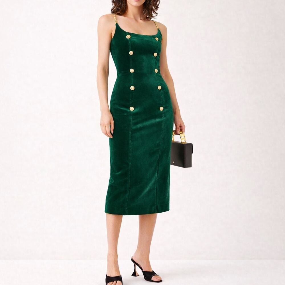 GRACE KARIN Alessandra Velvet Midi Cocktail Dress S Rich Green Gold Chain Detail